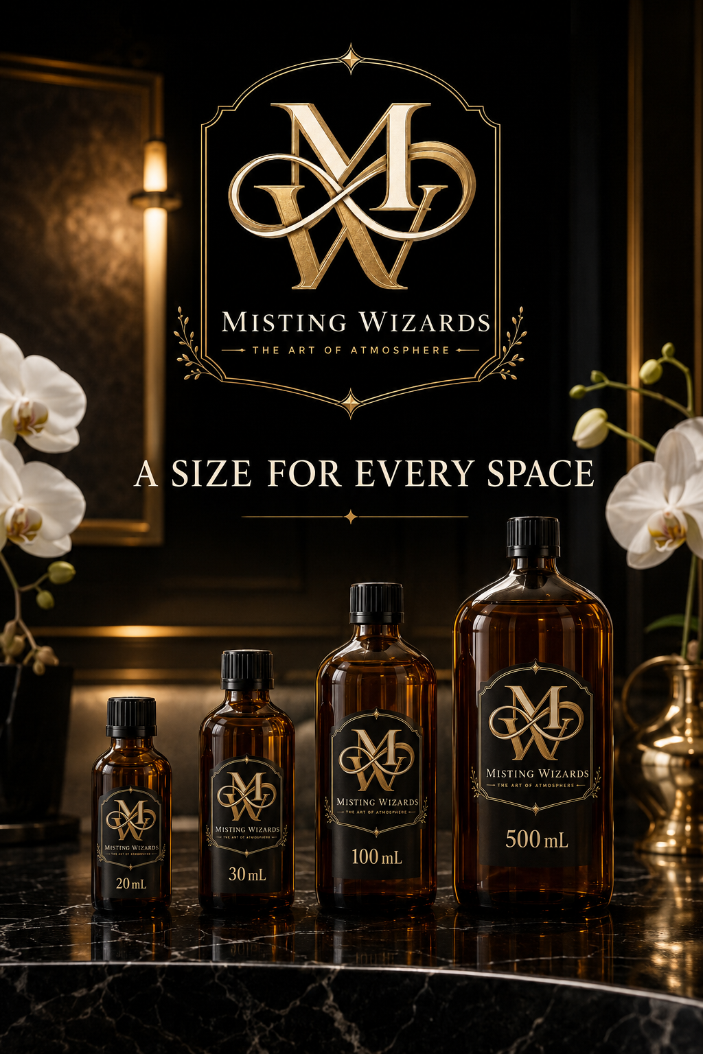 Four amber Misting Wizards fragrance-oil bottles in 20 mL, 30 mL, 100 mL, and 500 mL sizes.