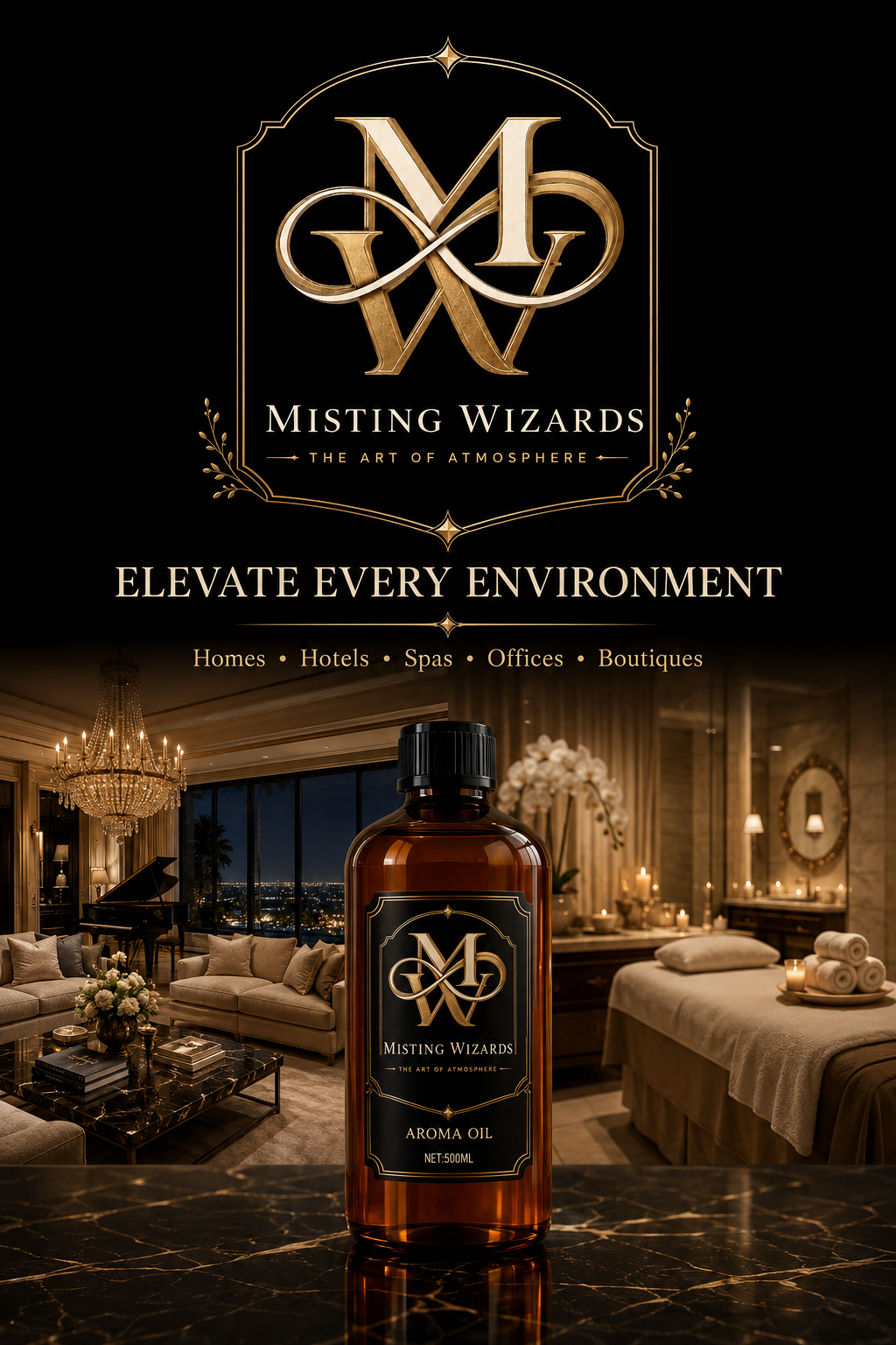 Amber Misting Wizards aroma oil shown with luxury home and spa environments.