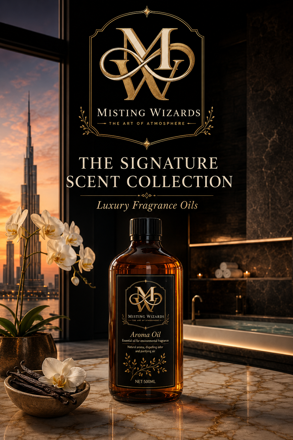 Amber Signature fragrance oil bottle in a luxury interior