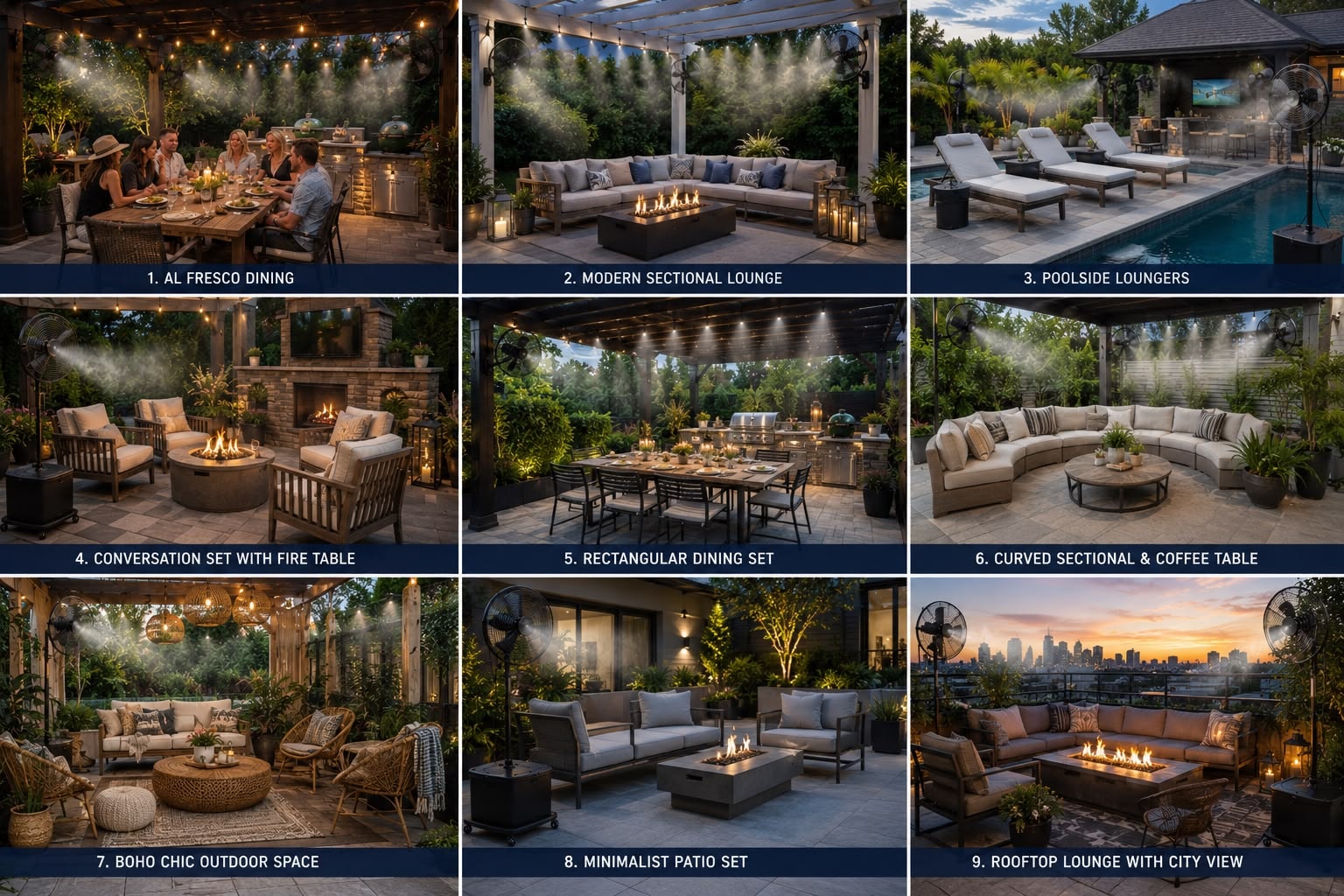 Nine outdoor living space scenarios with misting systems