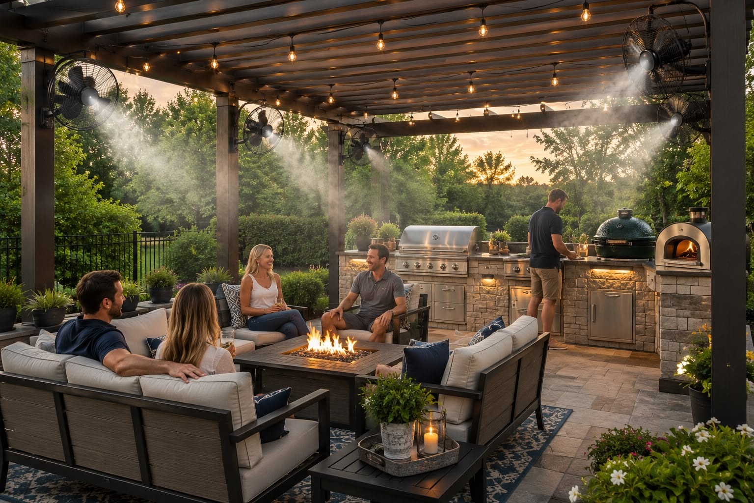 Couples relaxing under pergola with outdoor kitchen and misting fans