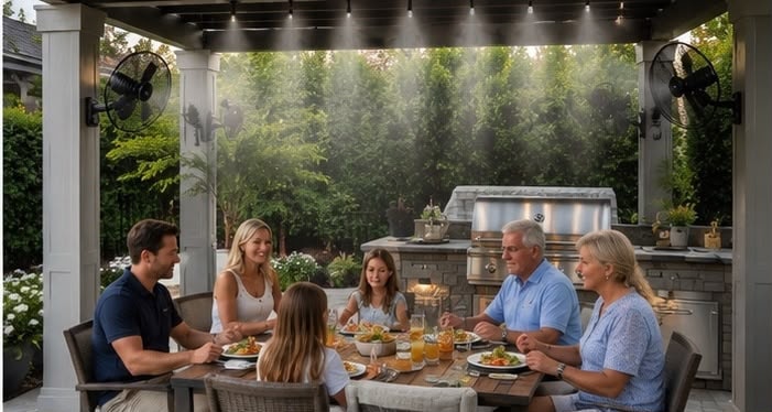 Family dining under a misting pergola