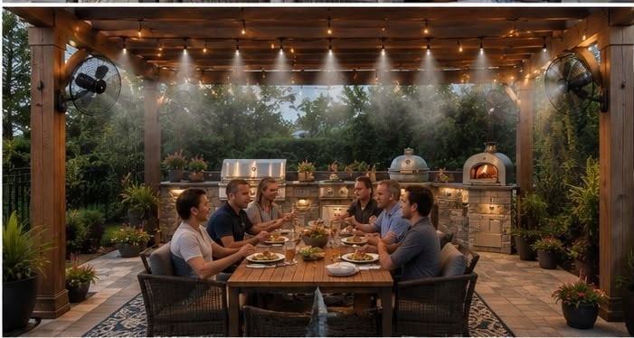 Group dining under pergola with pizza oven and misting