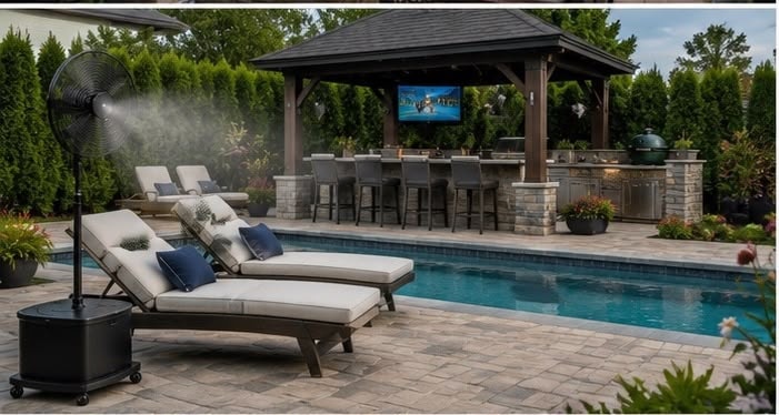 Poolside gazebo with outdoor kitchen and misting fan