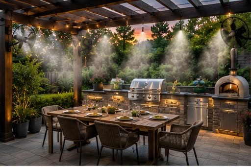 Luxury outdoor living setup with misting and furniture