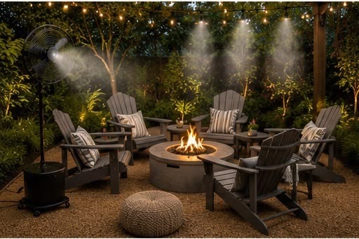 Outdoor living space with pergola and misting system