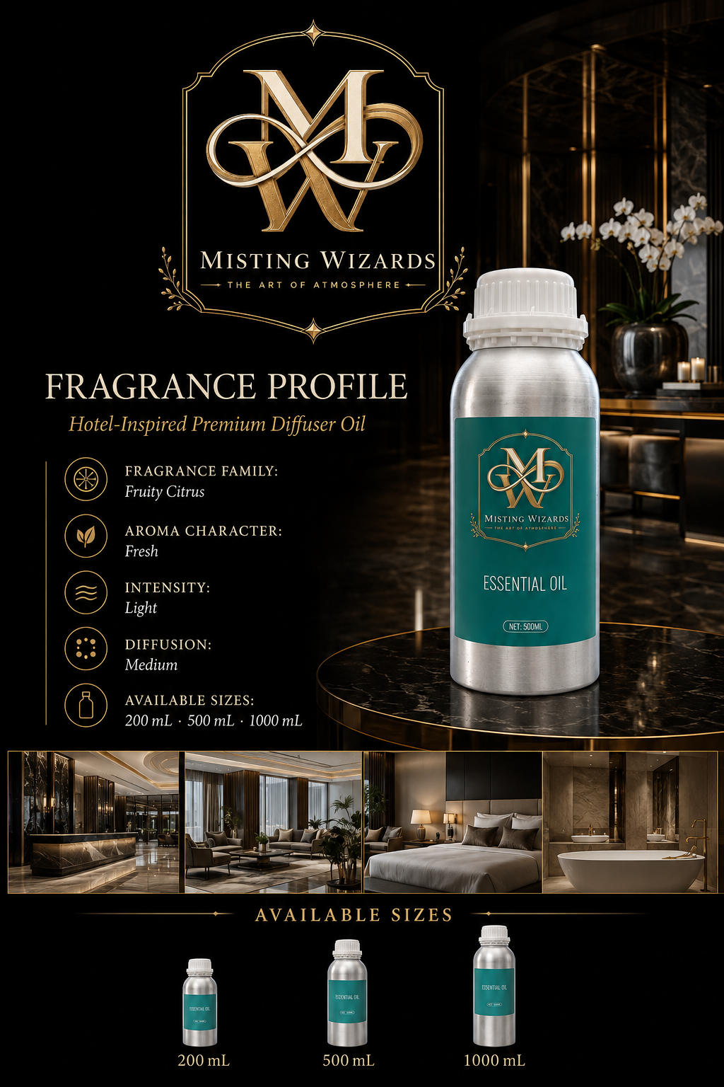 Hotel Classic fragrance-oil bottles in 20 mL, 30 mL, 100 mL, and 500 mL sizes.