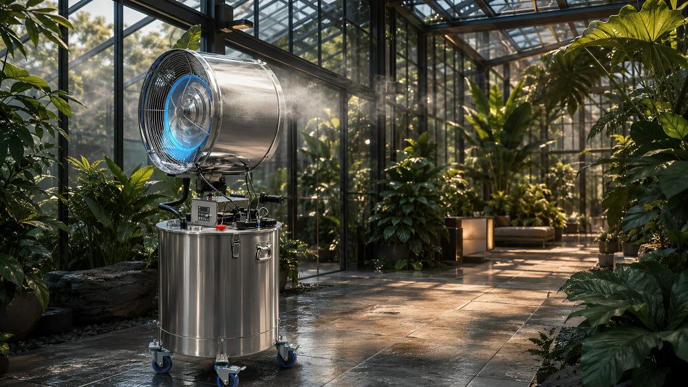 MW-300 Smart Misting System — luxury modern villa with infinity pool at sunset