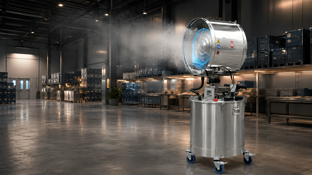Luxury waterfront outdoor kitchen with pool view — MW-300 misting system application