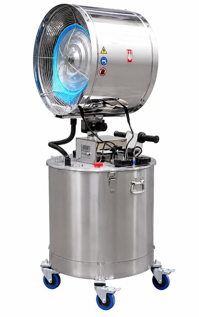 MW-1000 Industrial Misting Fan — stainless steel industrial fan with blue ring