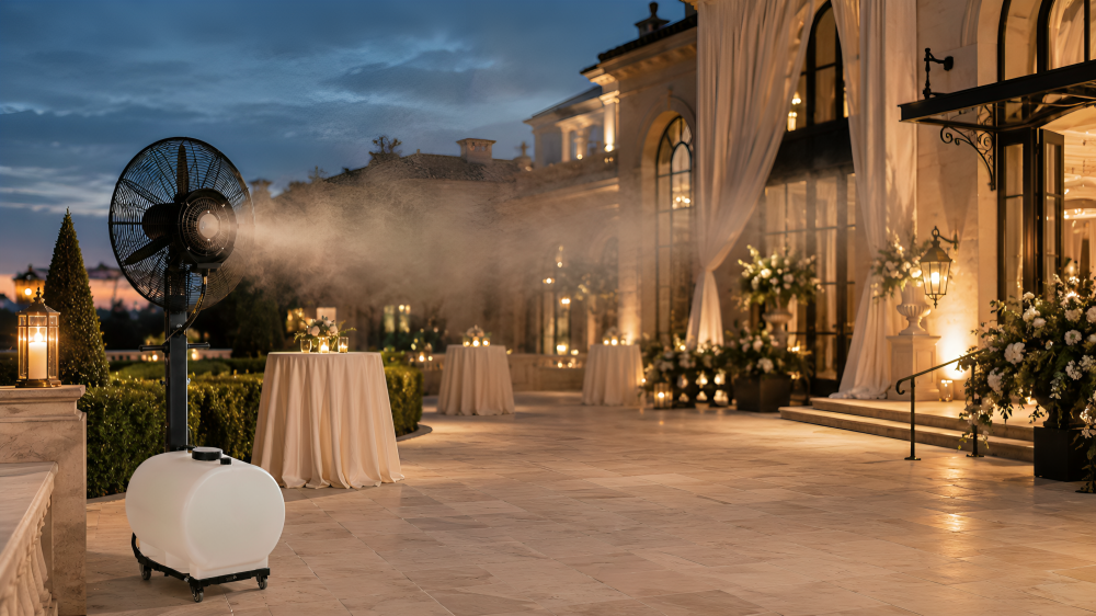 MW-300 Smart Misting System — luxury modern villa with infinity pool at sunset
