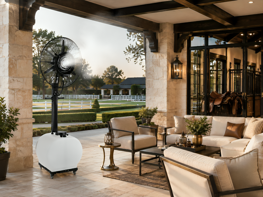 Luxury waterfront outdoor kitchen with pool view — MW-300 misting system application