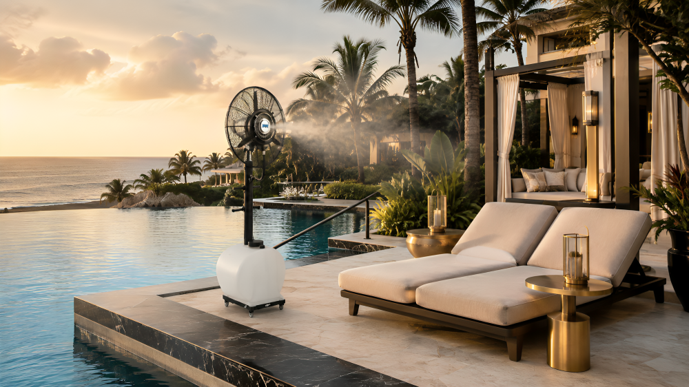 Rooftop restaurant terrace with city skyline at sunset — MW-300 hospitality cooling