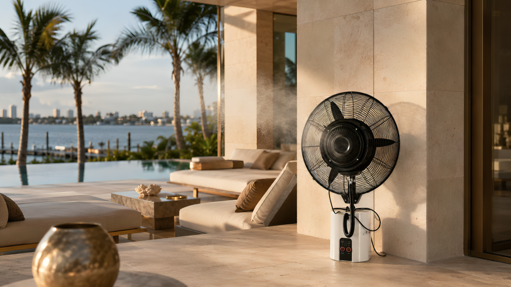 MW-300 Smart Misting System — luxury modern villa with infinity pool at sunset