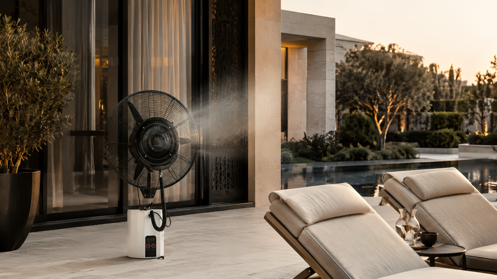 Rooftop restaurant terrace with city skyline at sunset — MW-300 hospitality cooling