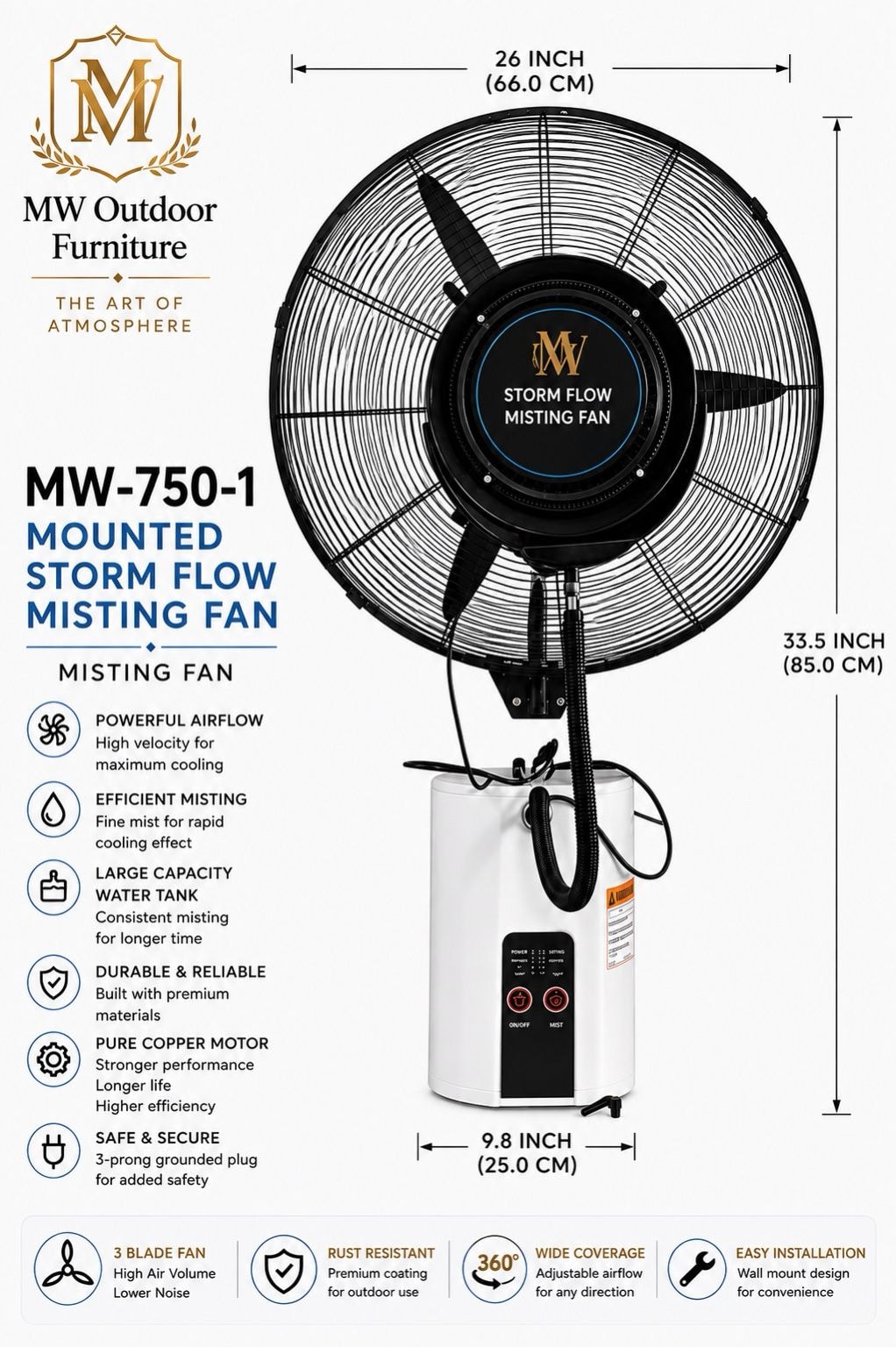 MW-750-1 Mounted Storm Flow Misting Fan — wall-mounted fan with water tank