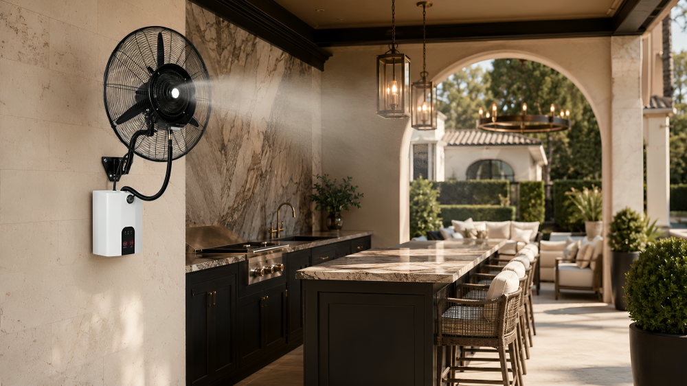 Luxury waterfront outdoor kitchen with pool view — MW-750-1 misting fan application
