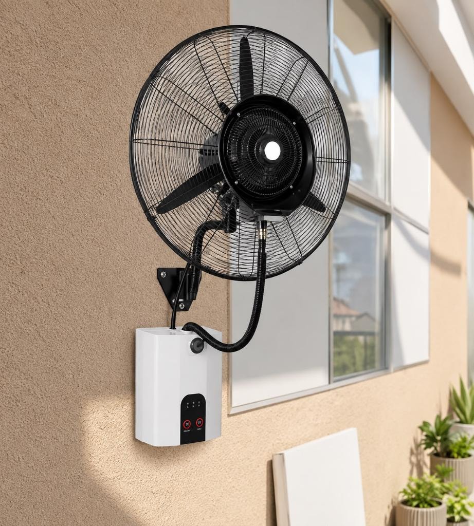 MW-750 Mounted Rapid Cool Misting Fan — wall-mounted fan on outdoor patio