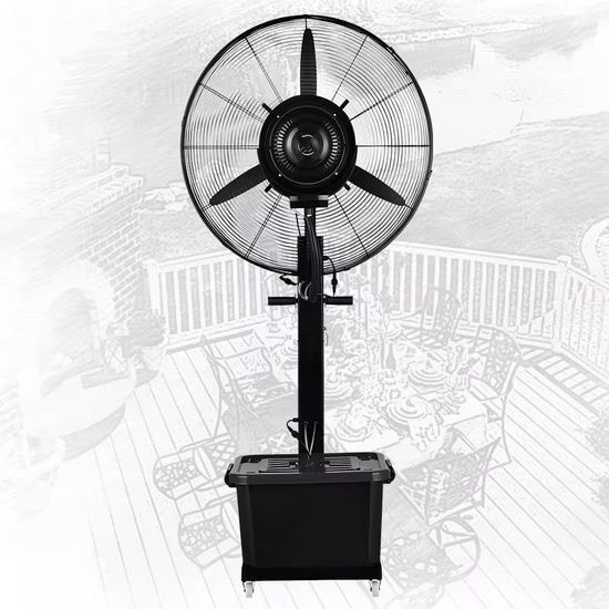 Pedestal misting fan on a patio
