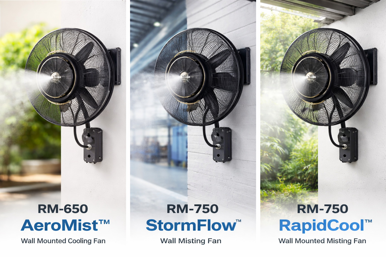 Wall-mounted misting fan lineup