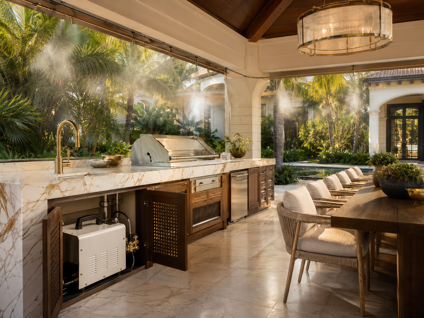 MW-300 Smart Misting System — luxury modern villa with infinity pool at sunset