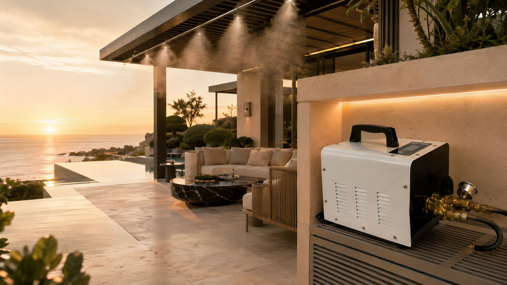 Luxury waterfront outdoor kitchen with pool view — MW-300 misting system application