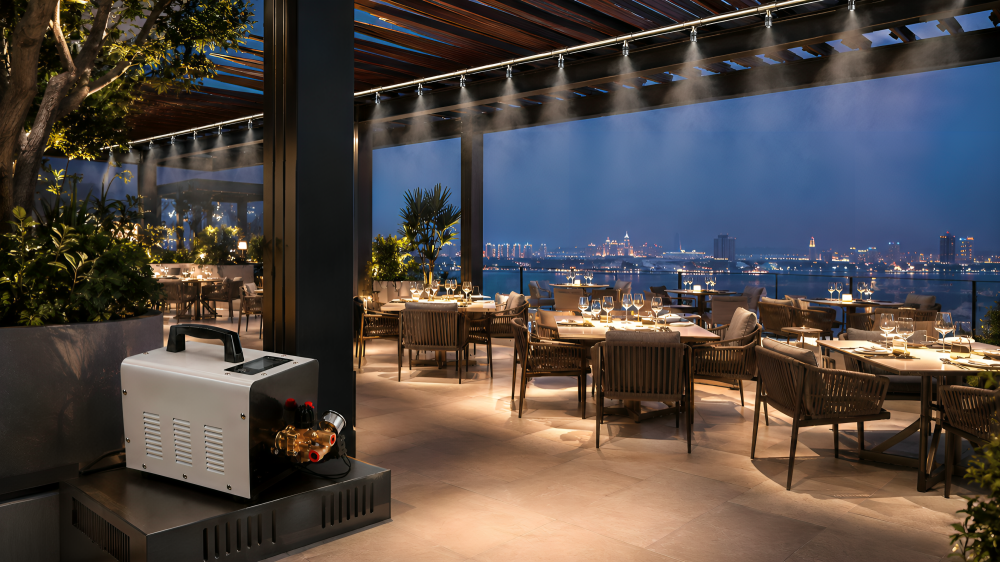 Rooftop restaurant terrace with city skyline at sunset — MW-300 hospitality cooling
