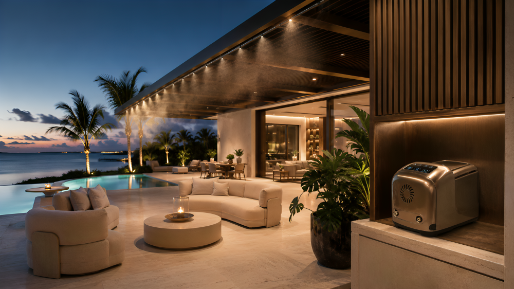 MW-300 Smart Misting System — luxury modern villa with infinity pool at sunset