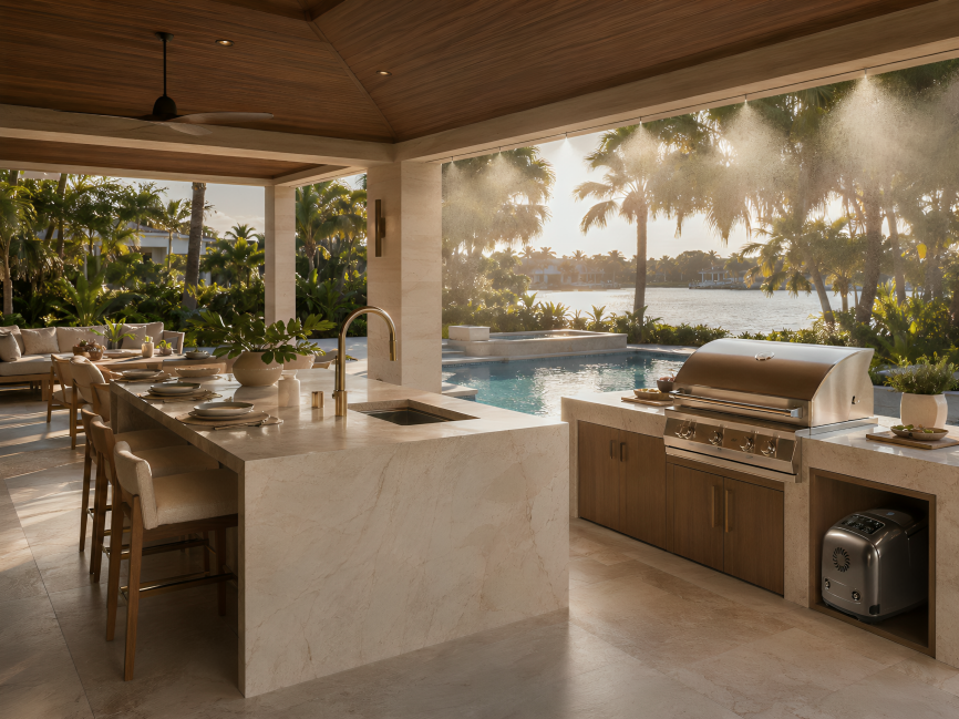 Luxury waterfront outdoor kitchen with pool view — MW-300 misting system application