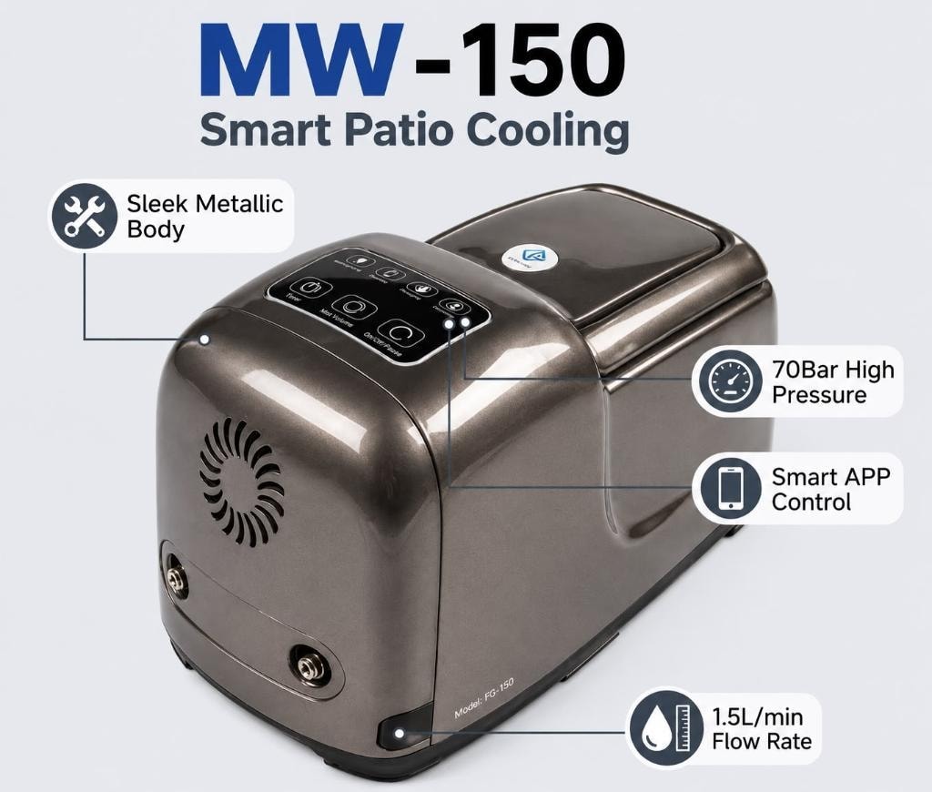 MW-150 Smart Patio Cooling System — compact high-pressure misting device