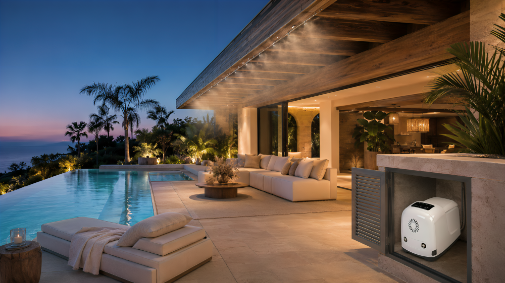 MW-300 Smart Misting System — luxury modern villa with infinity pool at sunset