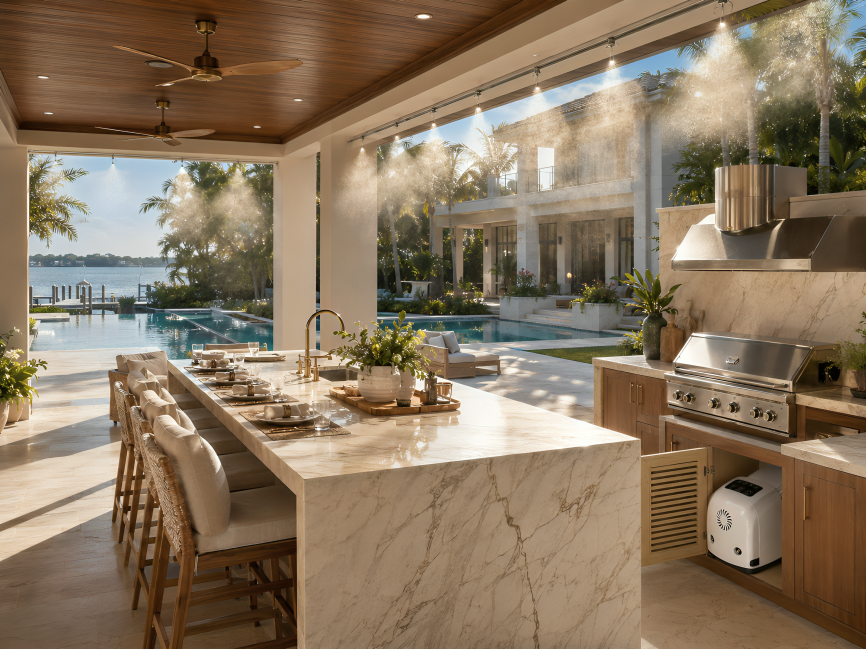 Luxury waterfront outdoor kitchen with pool view — MW-300 misting system application