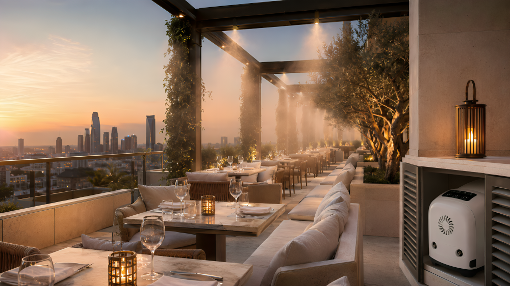 Rooftop restaurant terrace with city skyline at sunset — MW-300 hospitality cooling