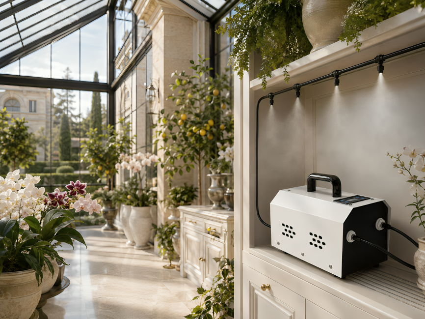 MW-300 Smart Misting System — luxury modern villa with infinity pool at sunset