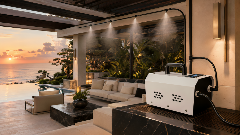 Luxury waterfront outdoor kitchen with pool view — MW-300 misting system application