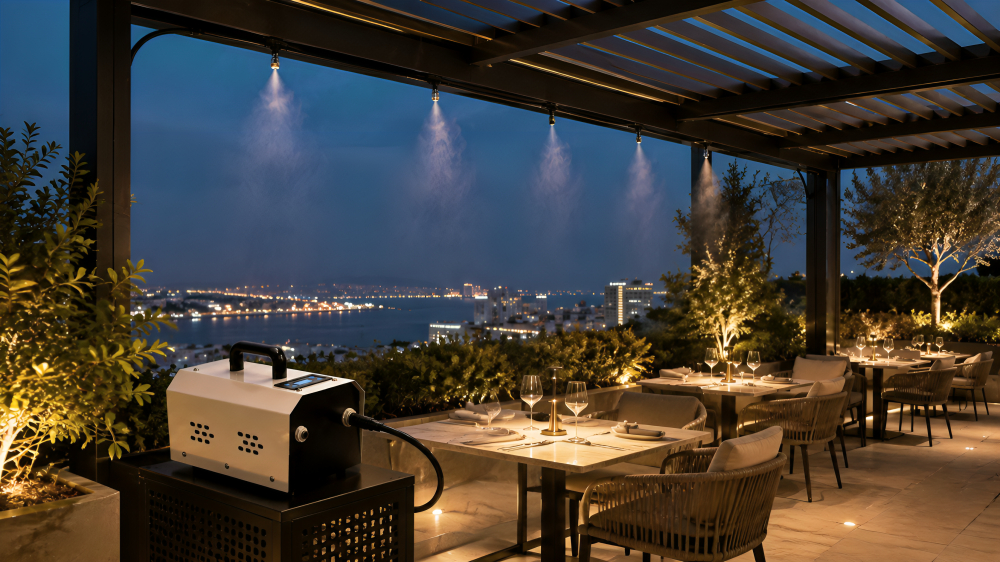 Rooftop restaurant terrace with city skyline at sunset — MW-300 hospitality cooling