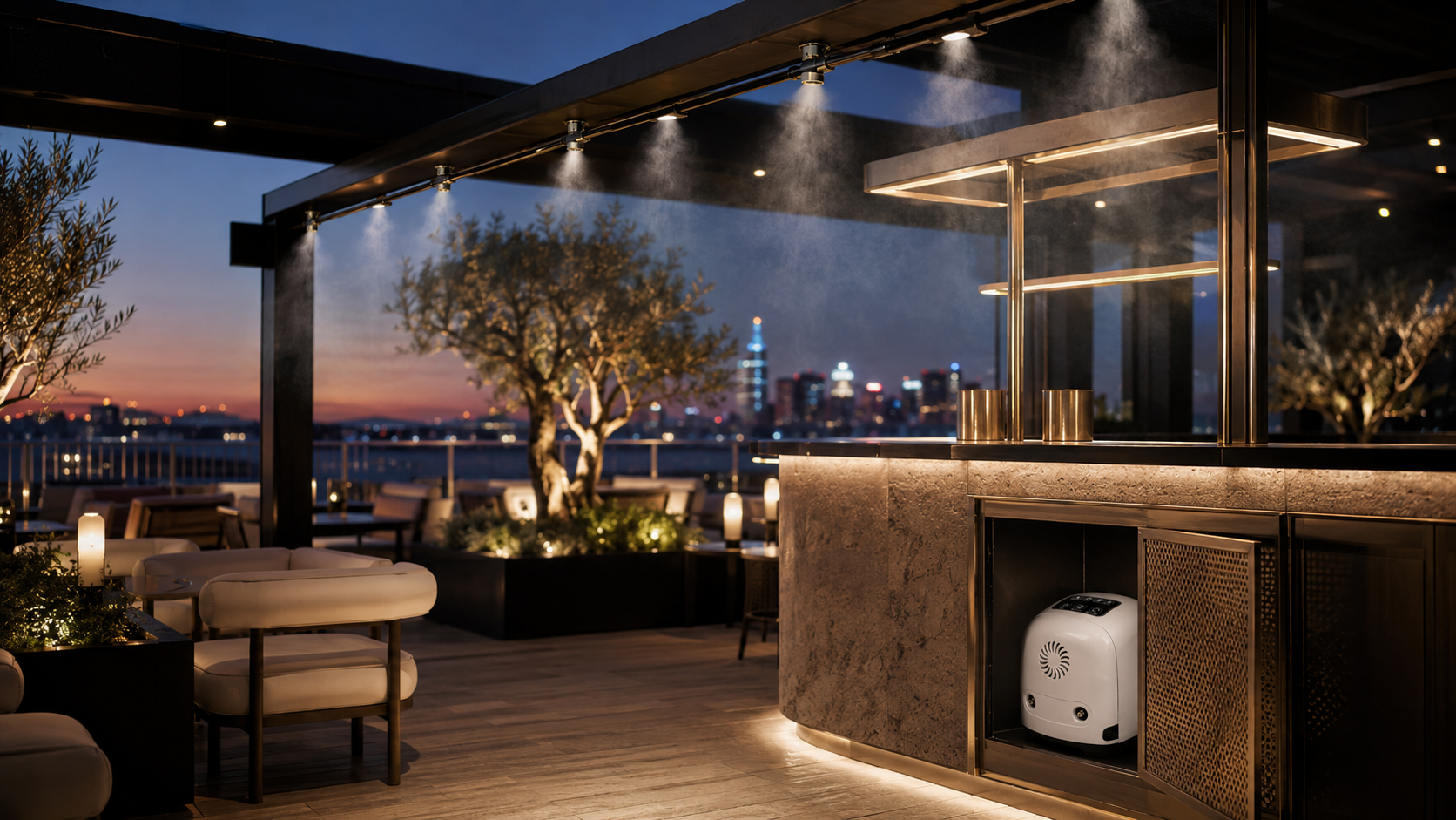 Luxury rooftop bar with city skyline — MW-300 commercial hospitality after-hours application