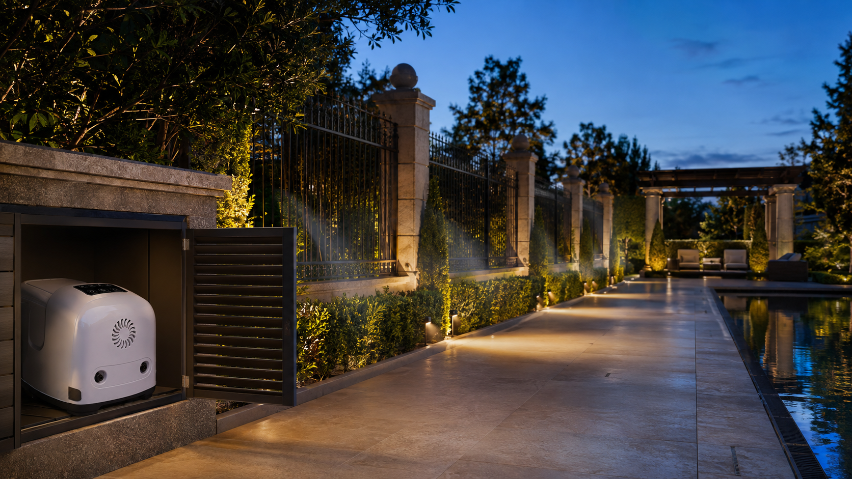 Luxury courtyard with illuminated pathways pool — MW-300 perimeter treatment application