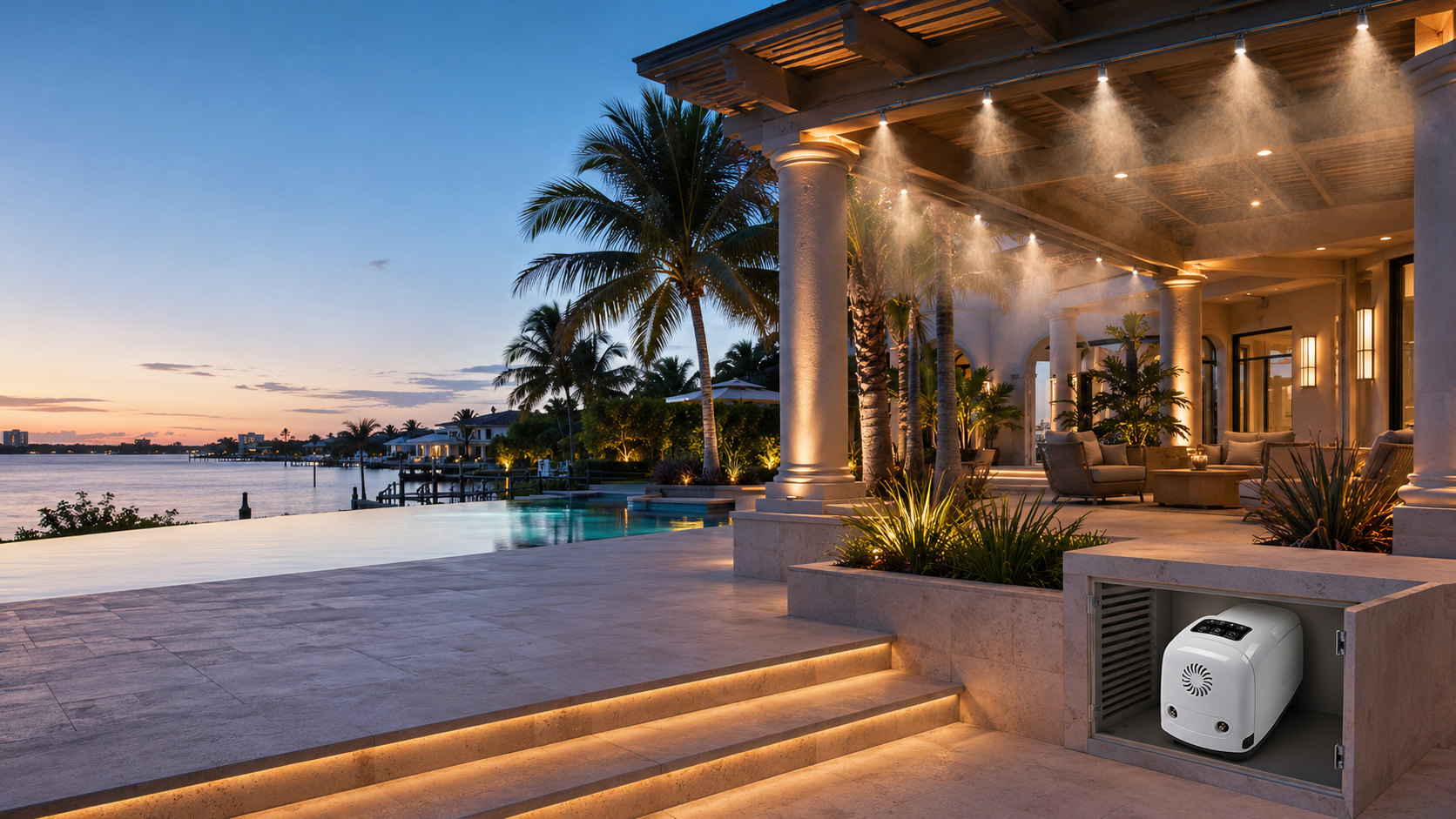 Luxury waterfront home with pool at sunset — MW-300 water-only outdoor cooling application
