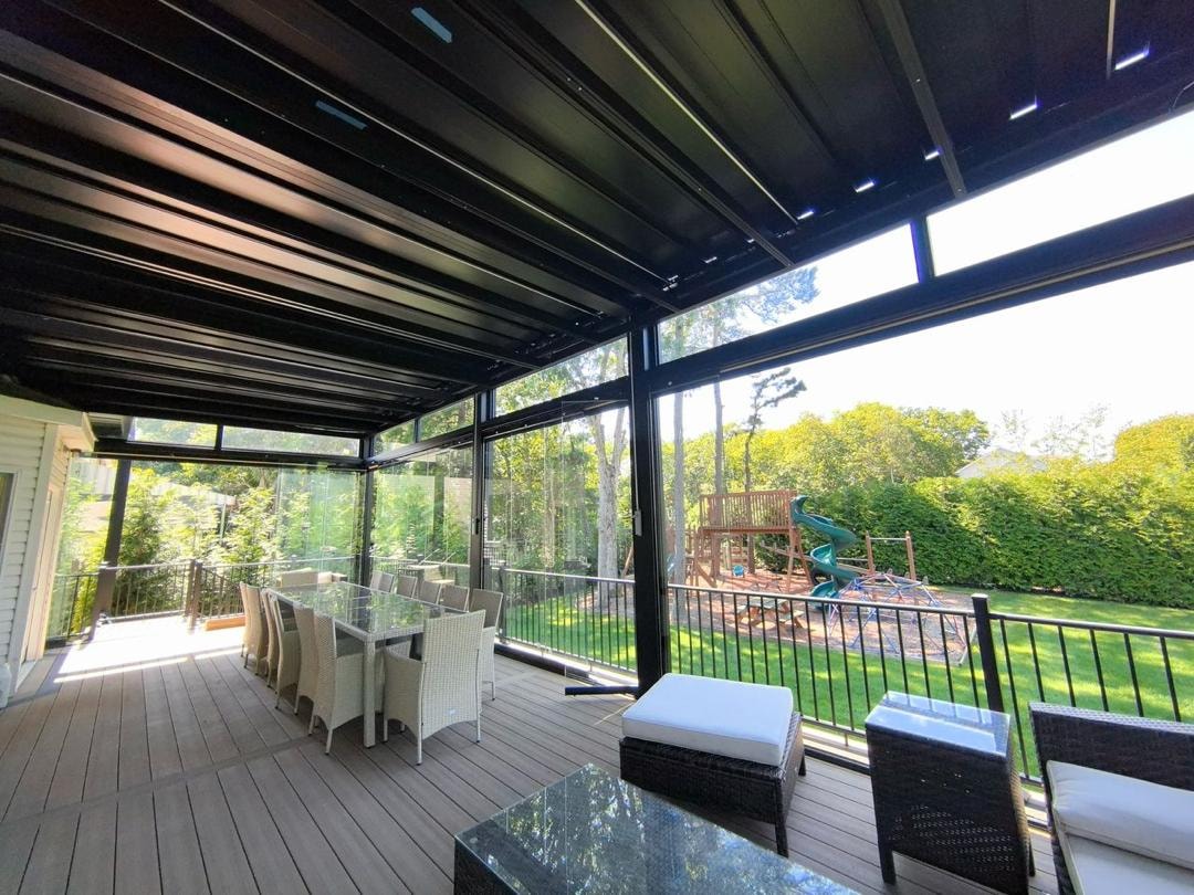 Pergola interior with lounge seating