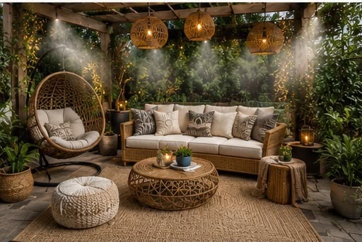 Boho-style outdoor lounge under a pergola with rattan furniture, hanging lights and lush greenery