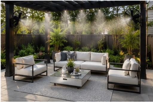 Modern dark pergola with white sectional sofa, fire pit and misting system at night