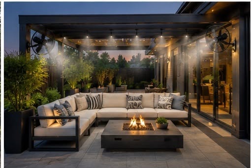 Contemporary outdoor patio with modern sectional furniture, fire pit and ambient lighting