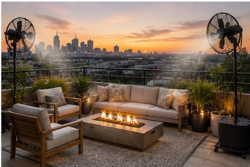 Rooftop patio with misting fans, fire pit and city skyline at sunset