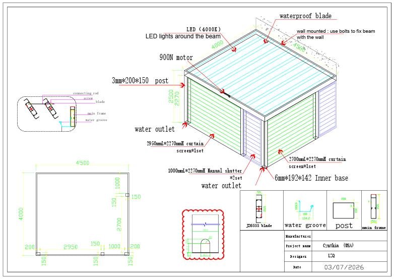 Custom pergola engineering drawing showing dimensions, blade layout, LED lighting, motor placement, and structural components