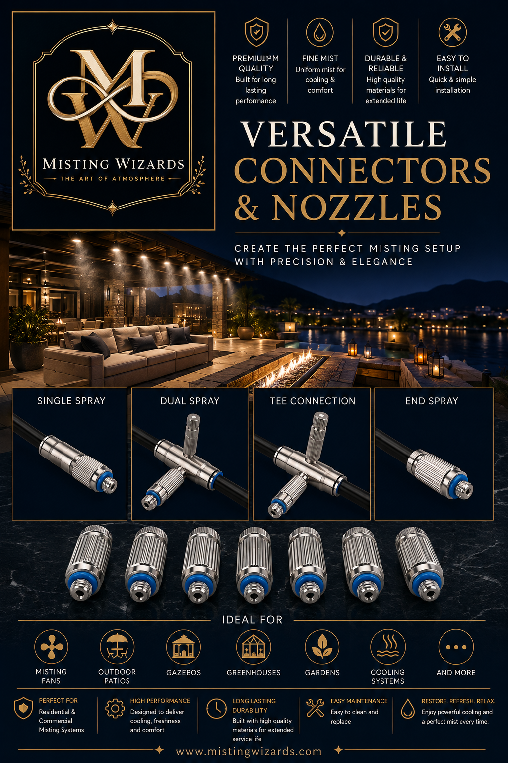 Misting Wizards versatile connectors and nozzles — single spray, dual spray, tee, end spray