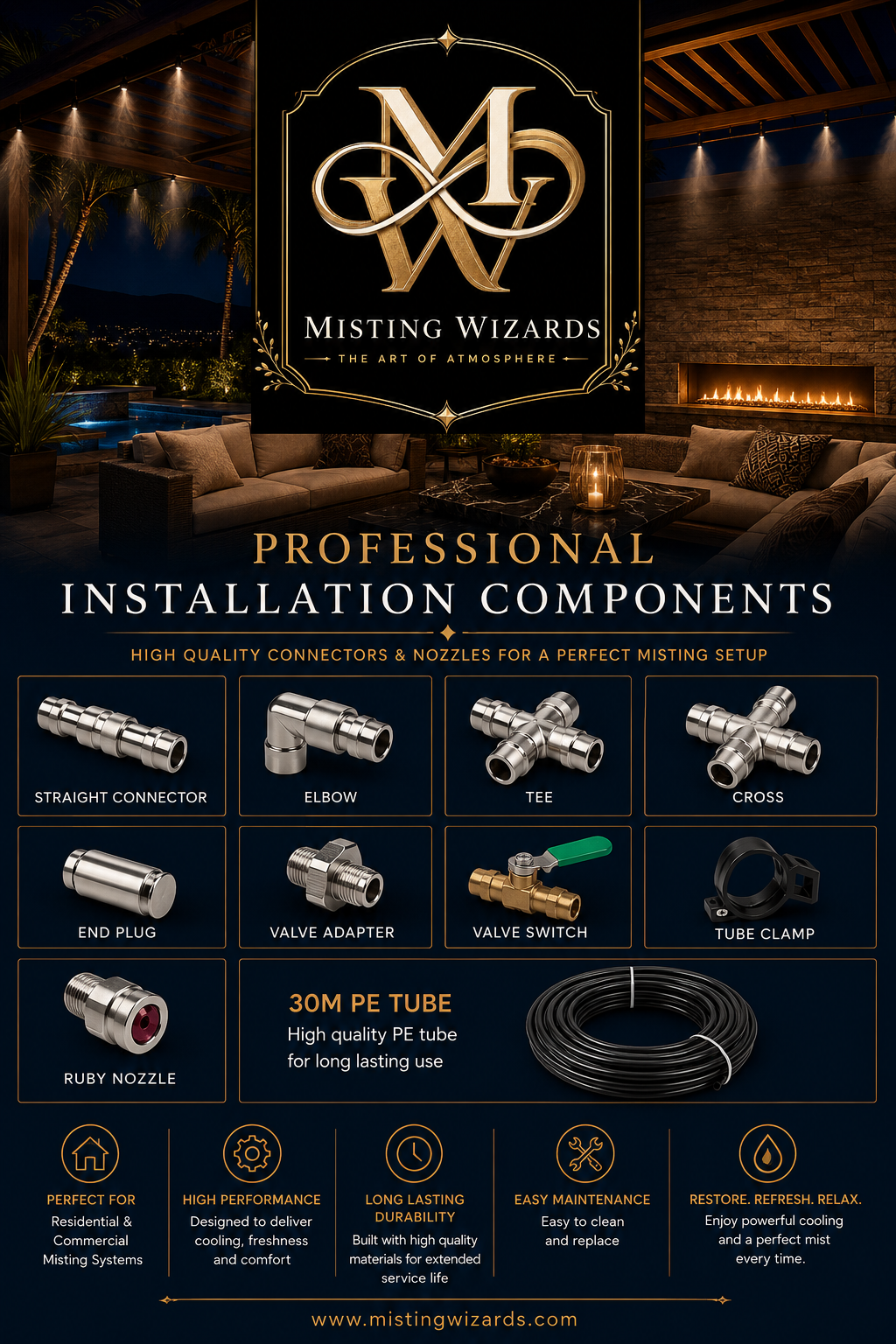 Professional misting system installation components — connectors, fittings, valves, and PE tube