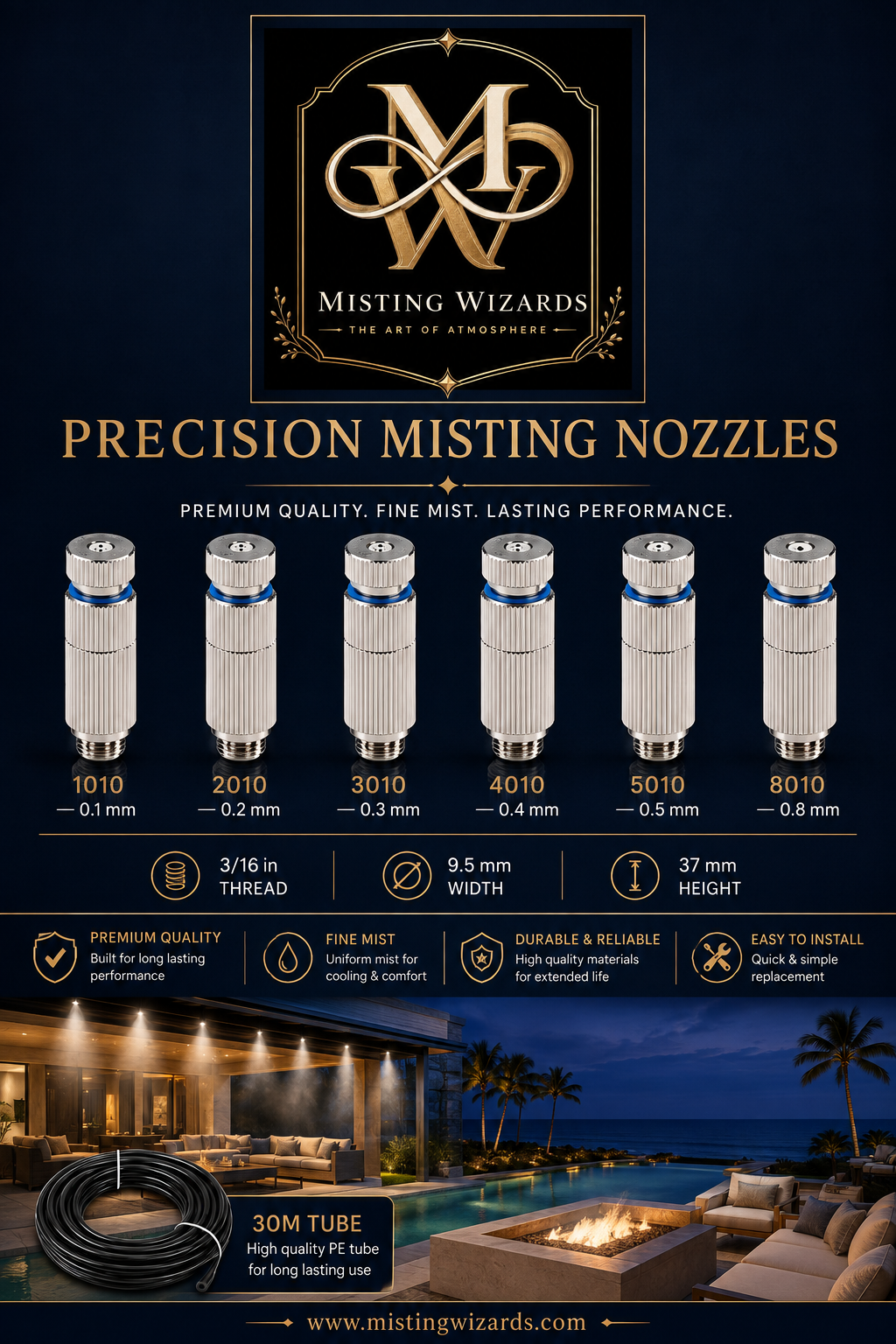 Precision misting nozzles lineup — six sizes from 0.1mm to 0.8mm orifice