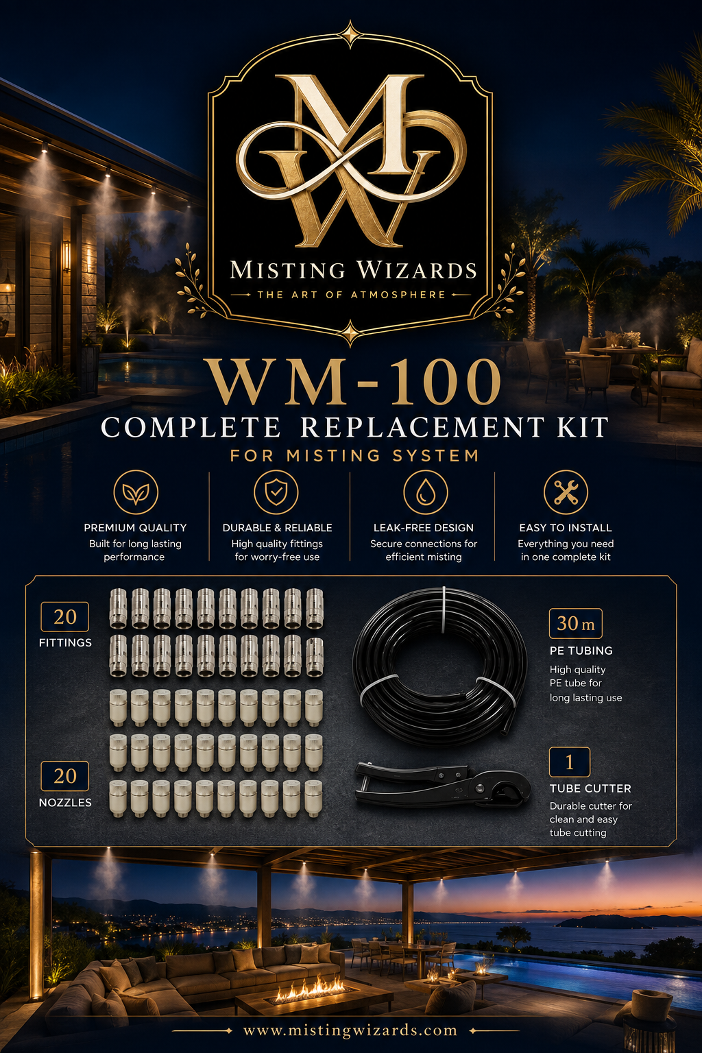 WM-100 complete misting system replacement kit — 20 fittings, 20 nozzles, 30M PE tubing, tube cutter