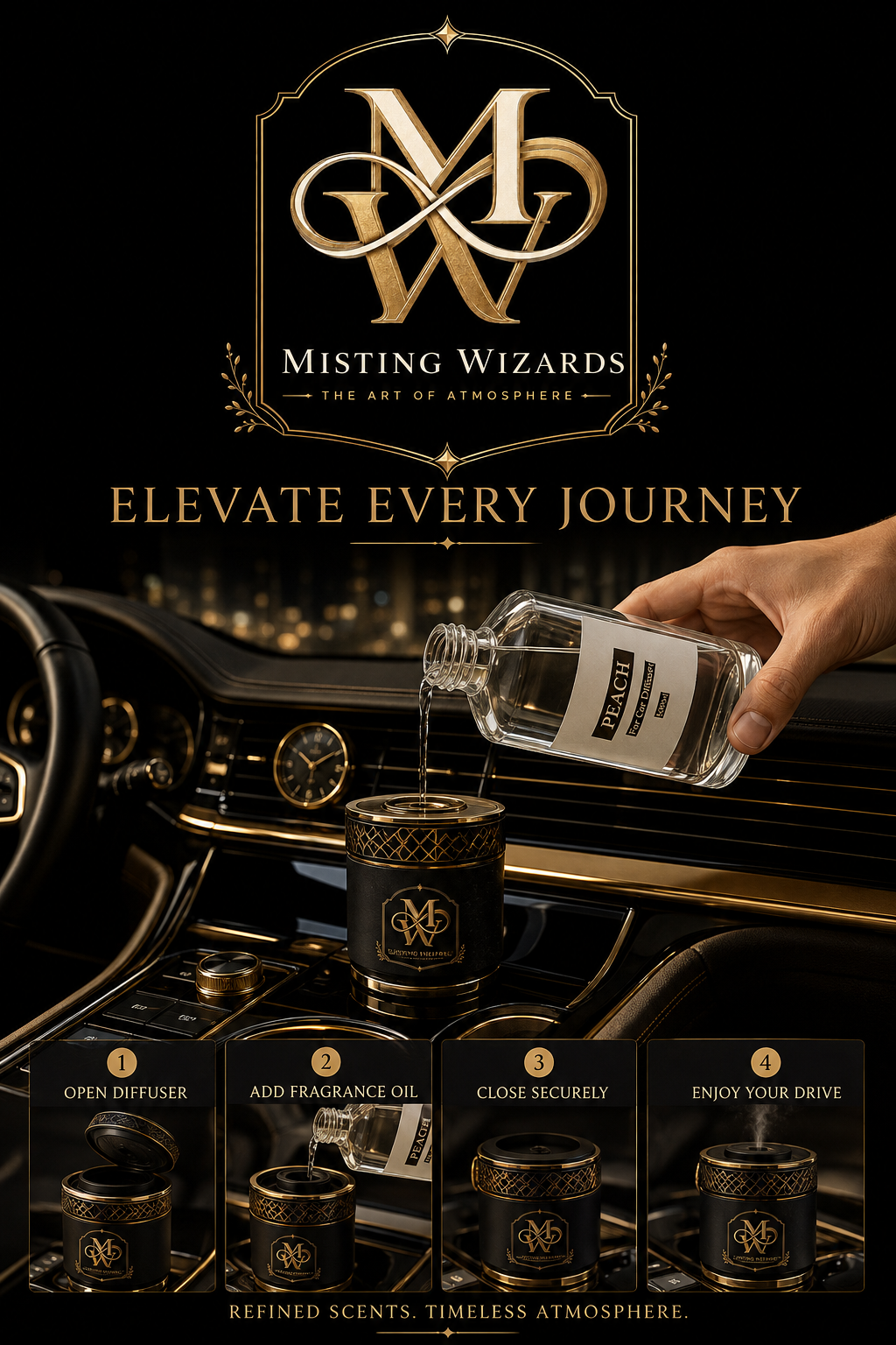 Peach fragrance oil being added to a black-and-gold automotive diffuser inside a luxury vehicle.